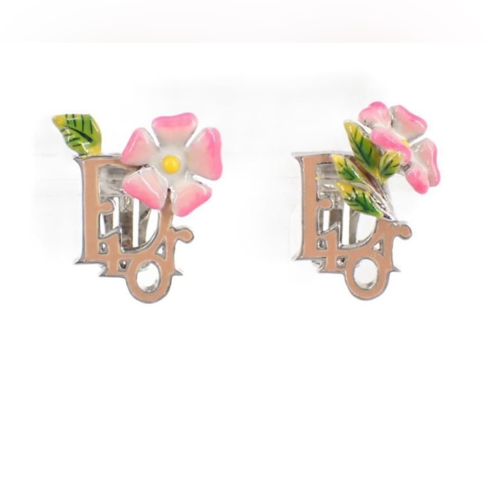 Christian Dior Pink Enamel Floral Logo Clip-On Earrings EUC